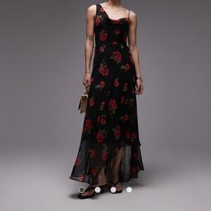 Mango one shoulder maxi dress in black floral print